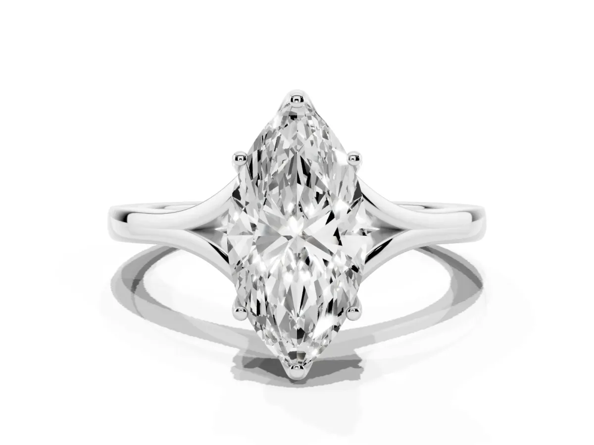 Marquise Cut Solitaire Diamond Ring with Six-Prong Setting and Tapered Band Platinum