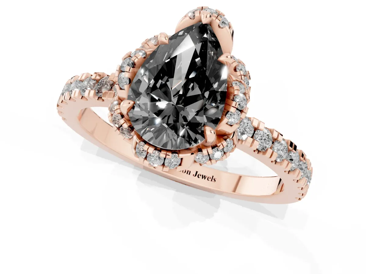 Fancy Black Pear Cut Diamond Halo Pave Band with Four-Prong Setting Rose gold