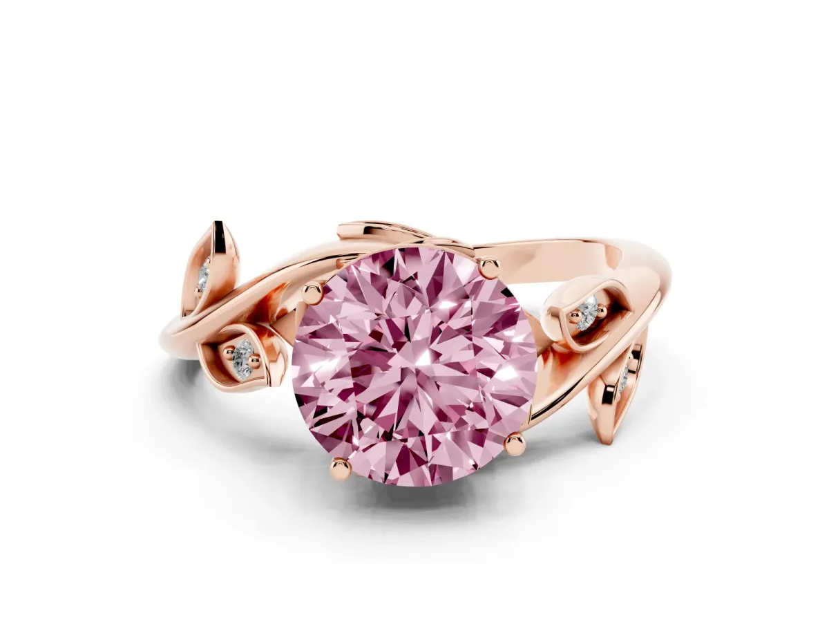 Fancy Pink Round Cut Solitaire Twist Engagement Ring with Leaf Accents and Prong Setting Rose gold