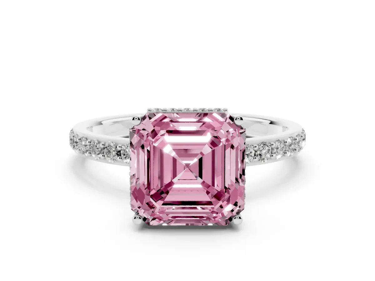 Fancy Pink Asscher Cut Diamond Solitaire Ring with Pavé Band and Hidden Halo Silver