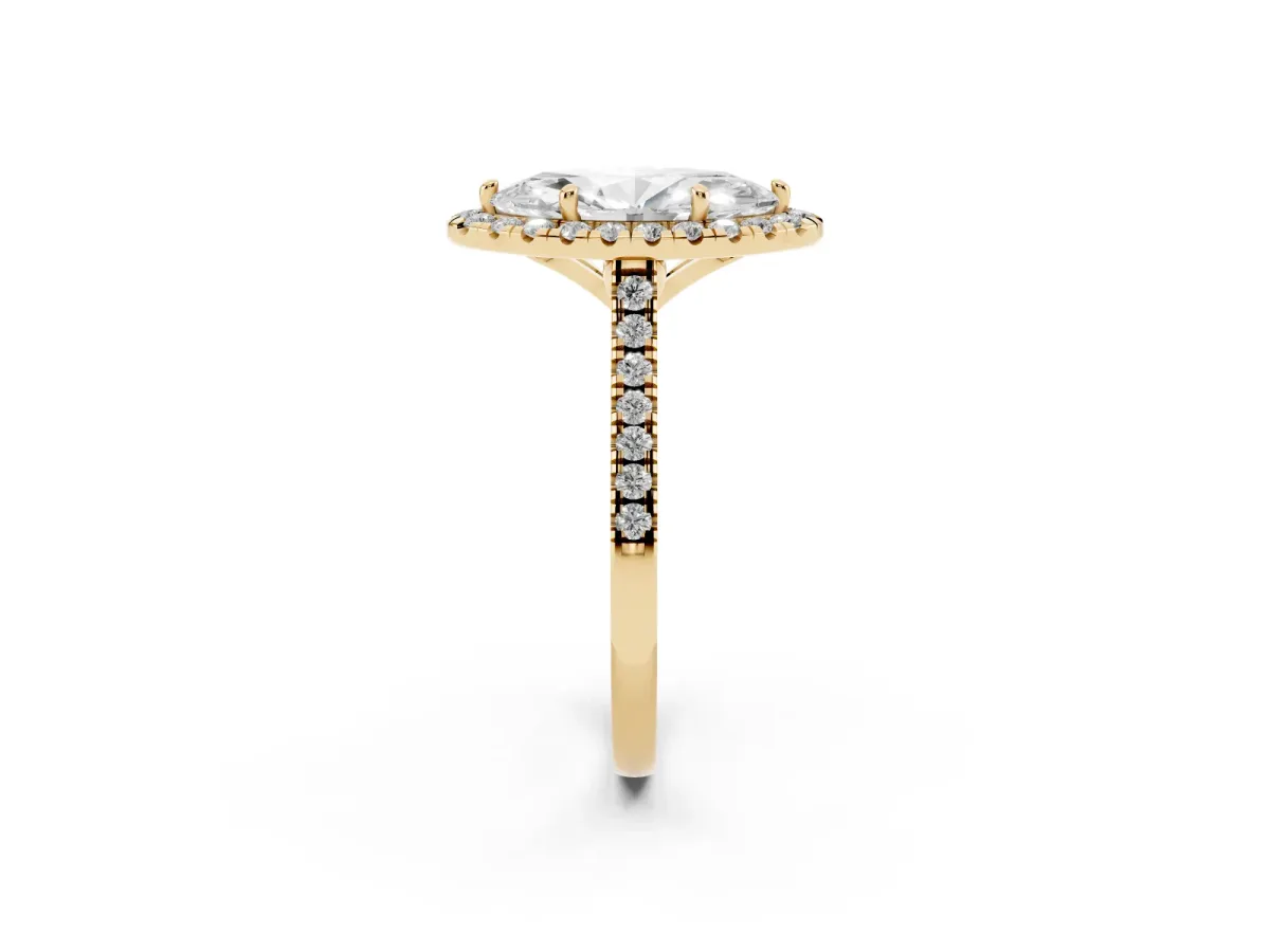 Marquise Cut Diamond Cushion Halo Ring with Pavé Band Yellow gold