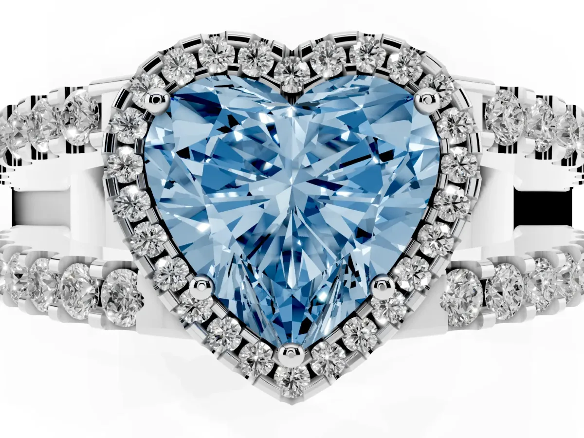 Fancy Blue Heart Cut Cut Halo Split Shank Diamond Ring with Four-Prong Setting Platinum