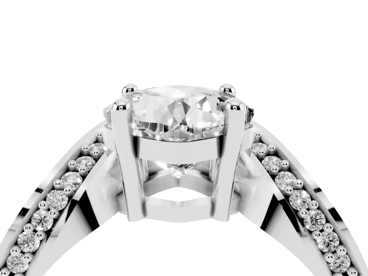 Cushion Cut Solitaire Diamond Engagement Ring with Pave Band and Four-Prong Setting Platinum