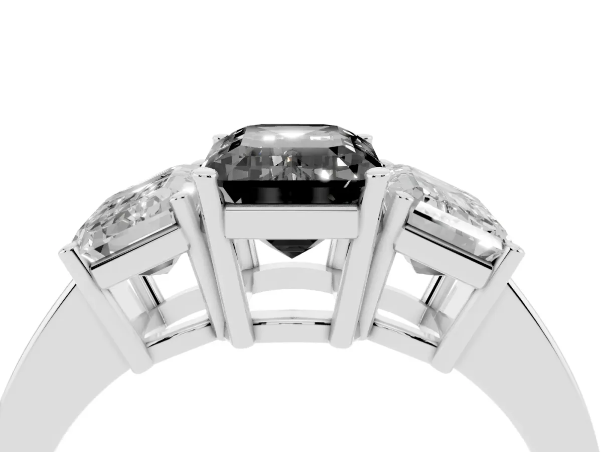 Fancy Black Three-Stone Emerald Cut Cut Diamond Engagement Ring with Flat Band and Four-Prong Setting Platinum