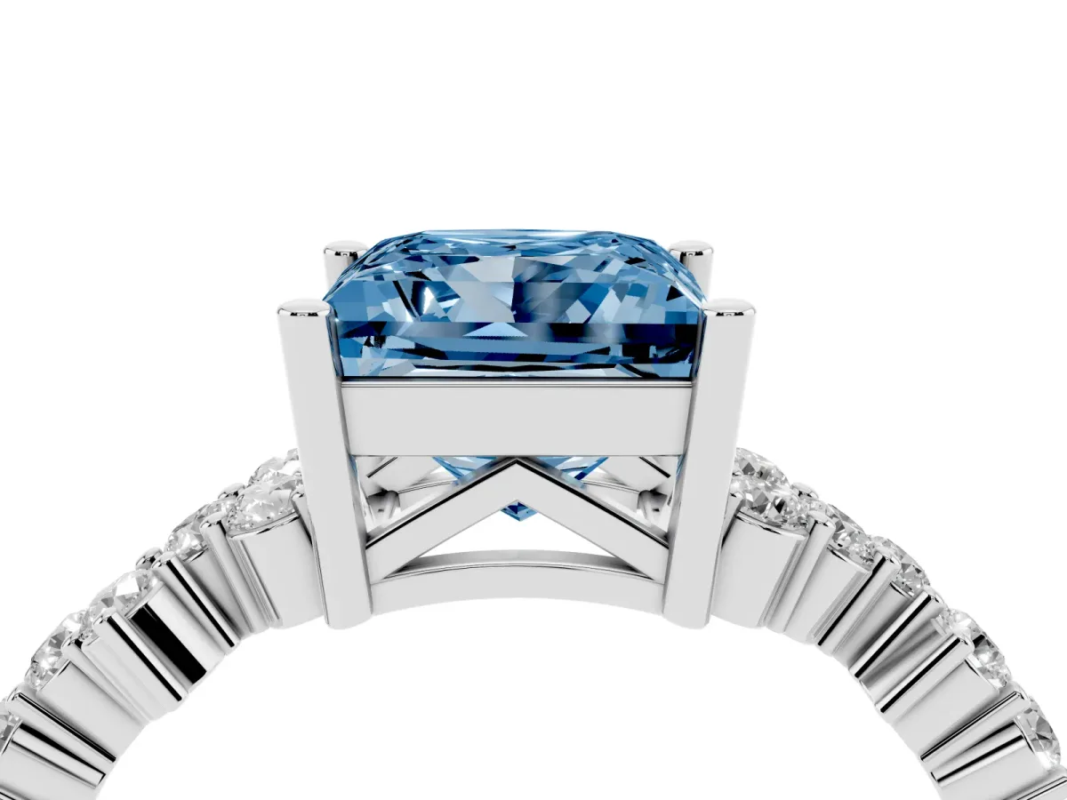 Fancy Blue Princess Cut Diamond Scattered Round Accent Ring with Prong Setting White gold