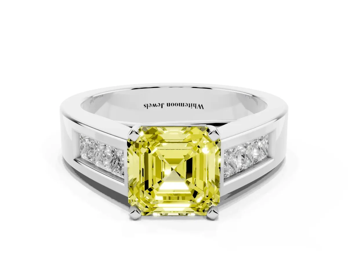 Fancy Yellow Asscher Cut Cut Channel Set Solitaire Ring with Four-Prong Setting White gold