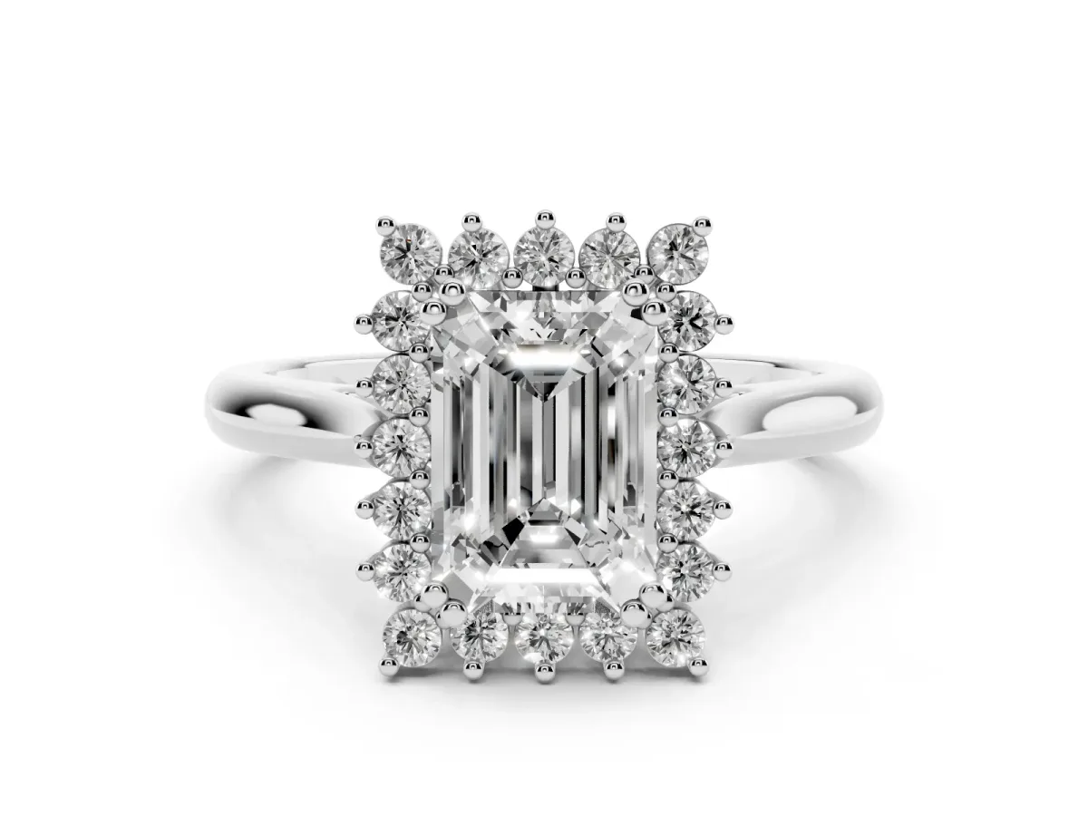 Emerald Cut Cut Diamond Halo Ring with Solitaire Band and Prong Setting Silver