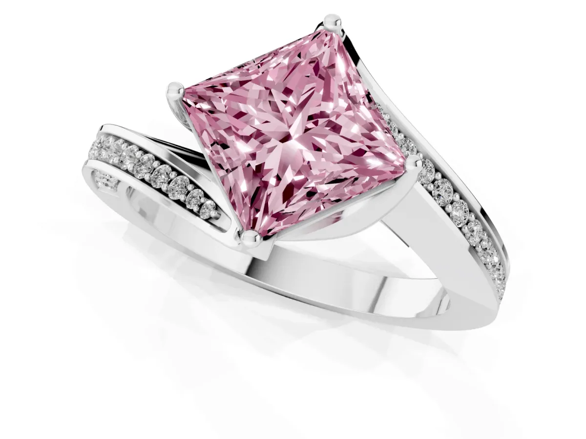 Fancy Pink Princess Cut Solitaire Diamond Twist Band with Pavé Setting and Four-Prong Setting Silver