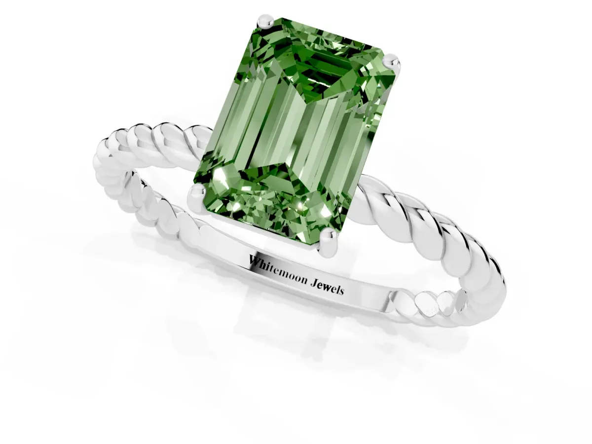 Fancy Green Emerald Cut Solitaire Twist Band Ring with Four-Prong Setting Platinum