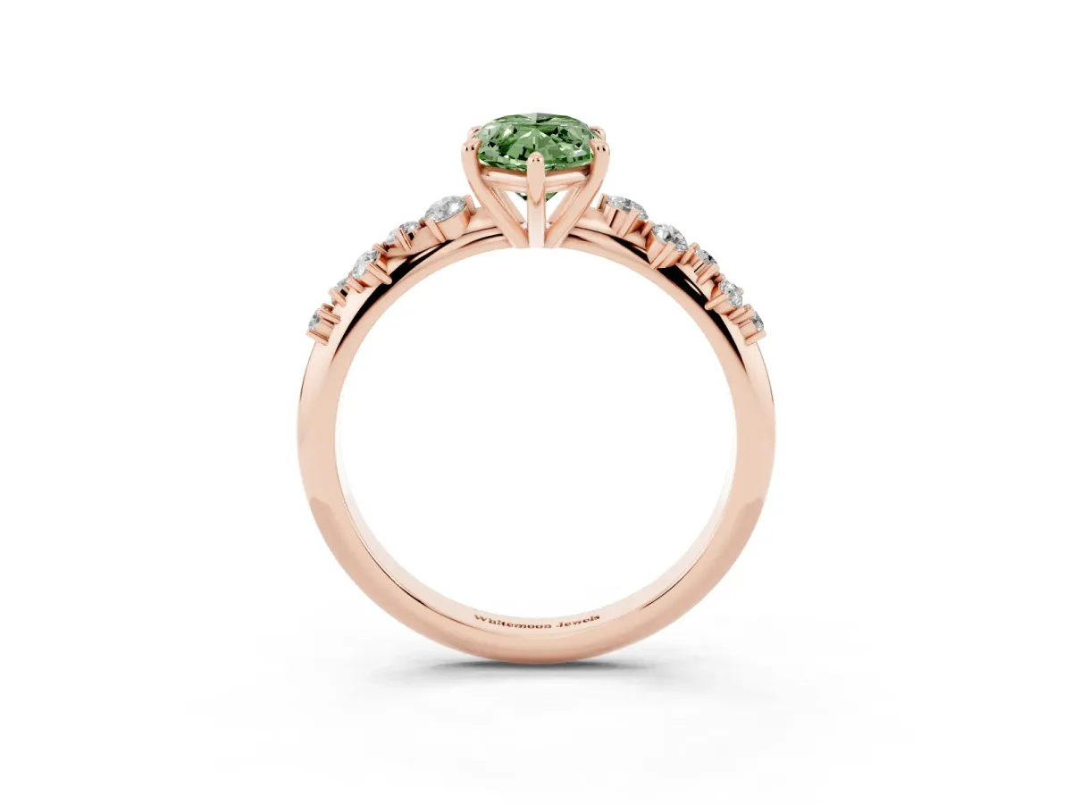 Fancy Green Marquise Cut Diamond Cluster Side Stone Solitaire Ring with Prong Setting Rose gold
