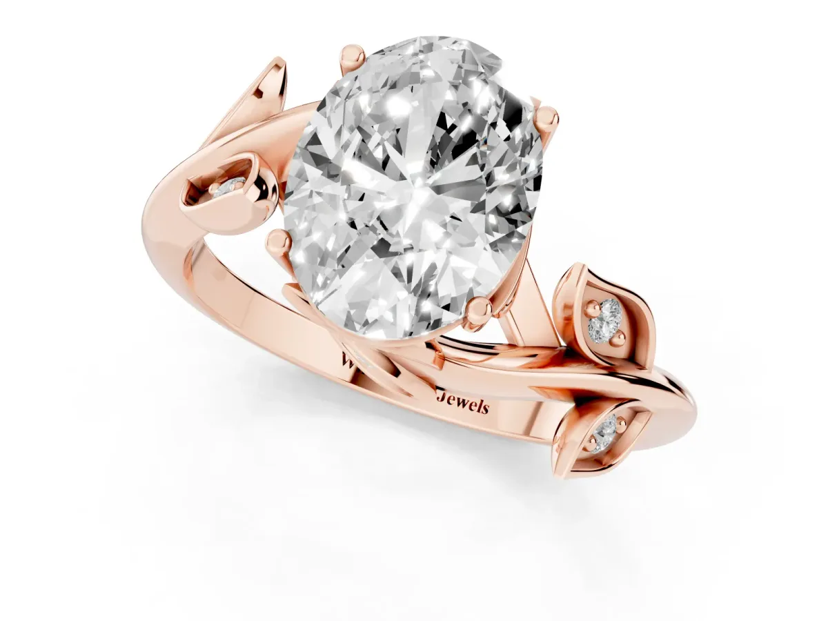 Oval Cut Solitaire Twist Engagement Ring with Leaf Accents and Prong Setting Rose gold