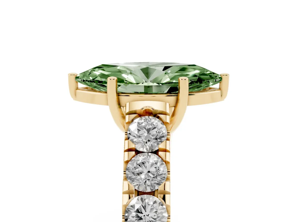 Fancy Green Marquise Cut Cut Diamond Solitaire Ring with Micro Pave Band and Prong Setting Yellow gold