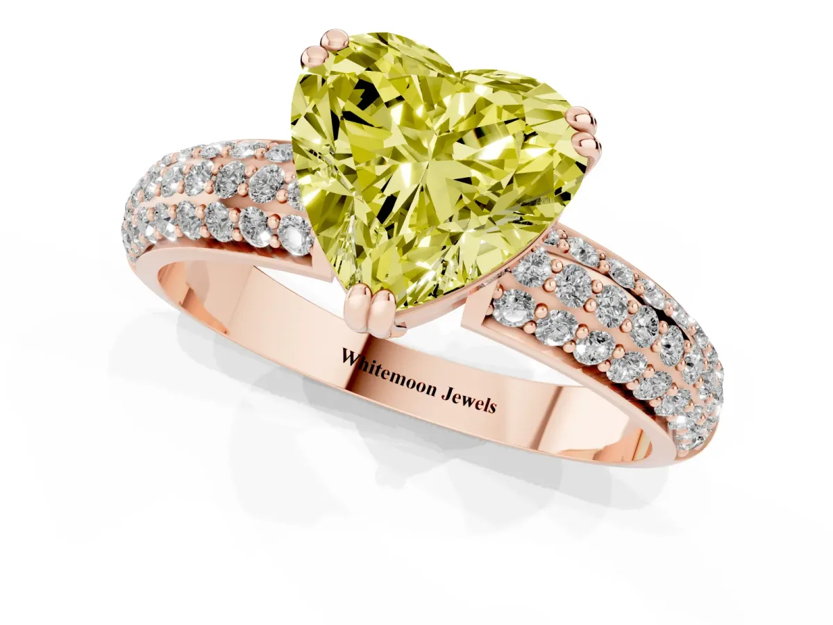 Fancy Yellow Heart Cut Diamond Solitaire Ring with Multi-Row Round Pavé Band and Prong Setting Rose gold
