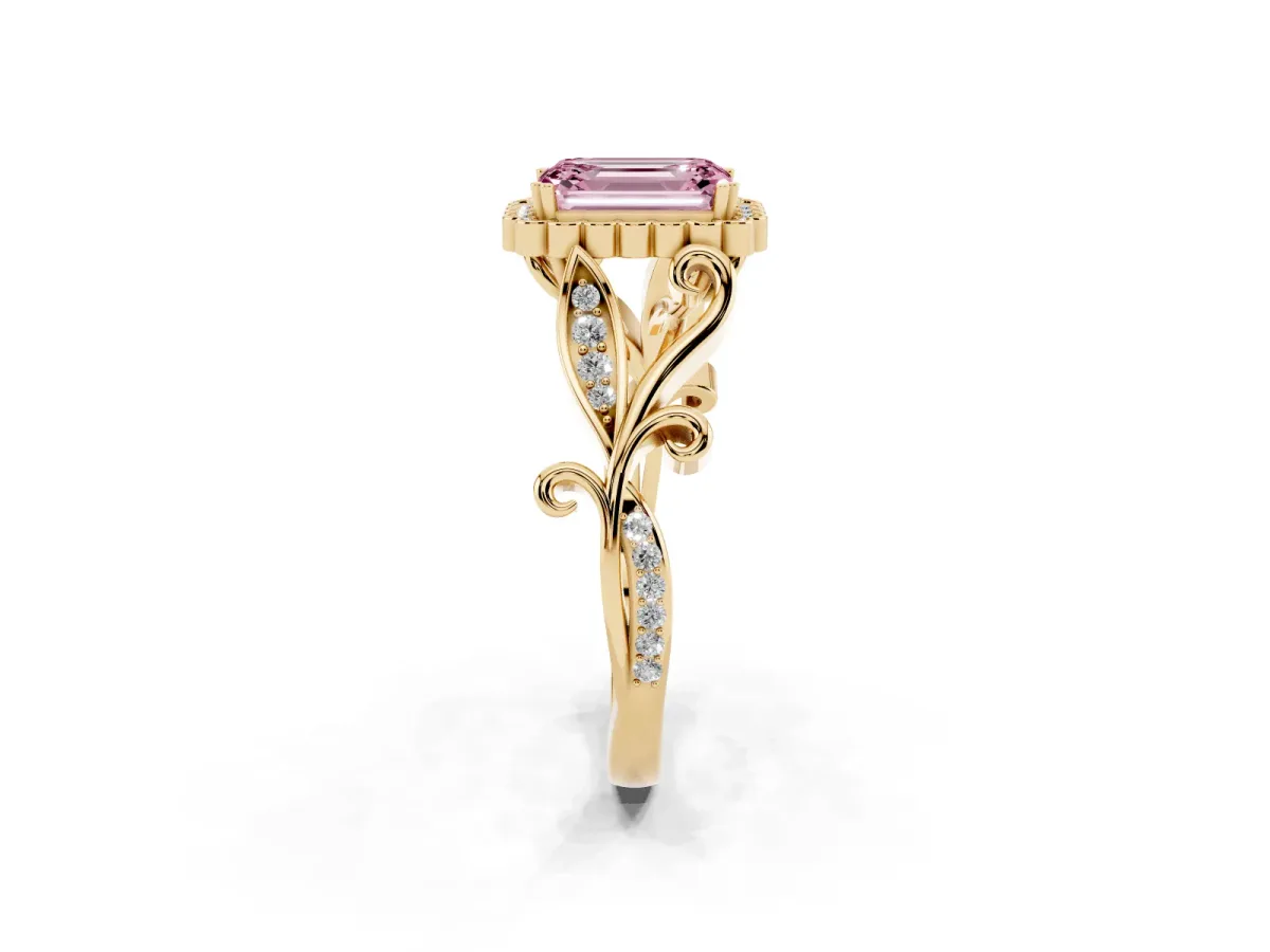 Fancy Pink Emerald Cut Diamond Halo Ring with Vintage Split Shank and Four-Prong Setting Yellow gold