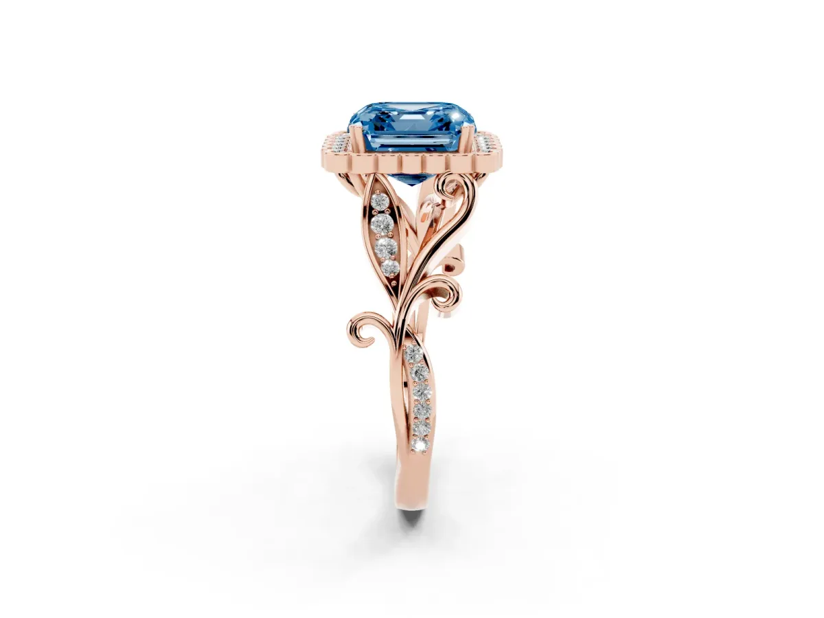 Fancy Blue Asscher Cut Diamond Halo Ring with Vintage Split Shank and Four-Prong Setting Rose gold
