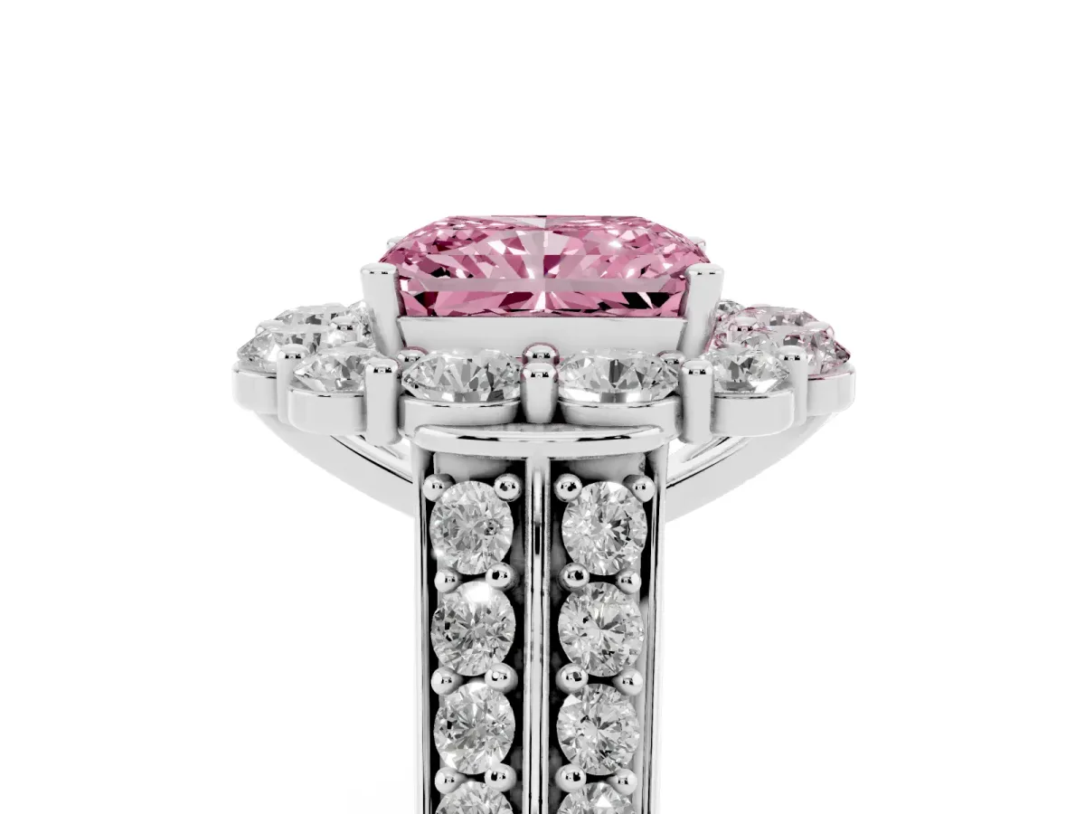 Fancy Pink Radiant Cut Halo Diamond Engagement Ring with Split Shank and Prong Setting Silver