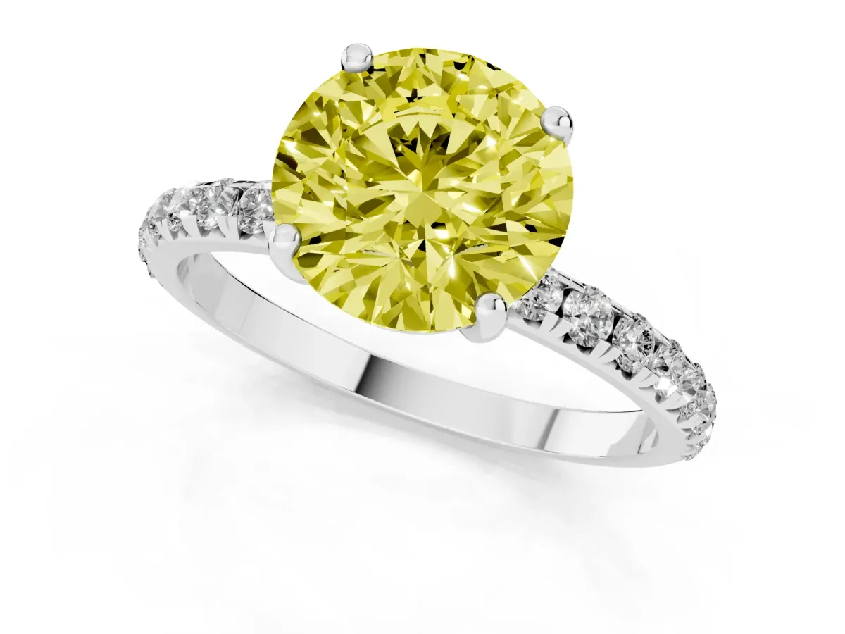 Fancy Yellow Round Cut Cut Diamond Solitaire Ring with Micro Pave Band and Four Prong Setting Platinum