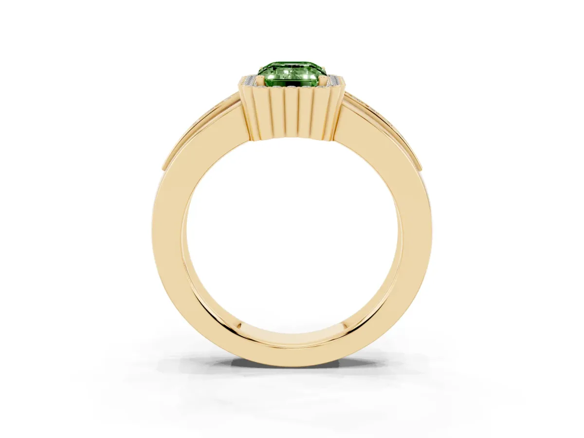 Fancy Green Emerald Cut Cut Halo Pave Band Four-Prong Ring Yellow gold