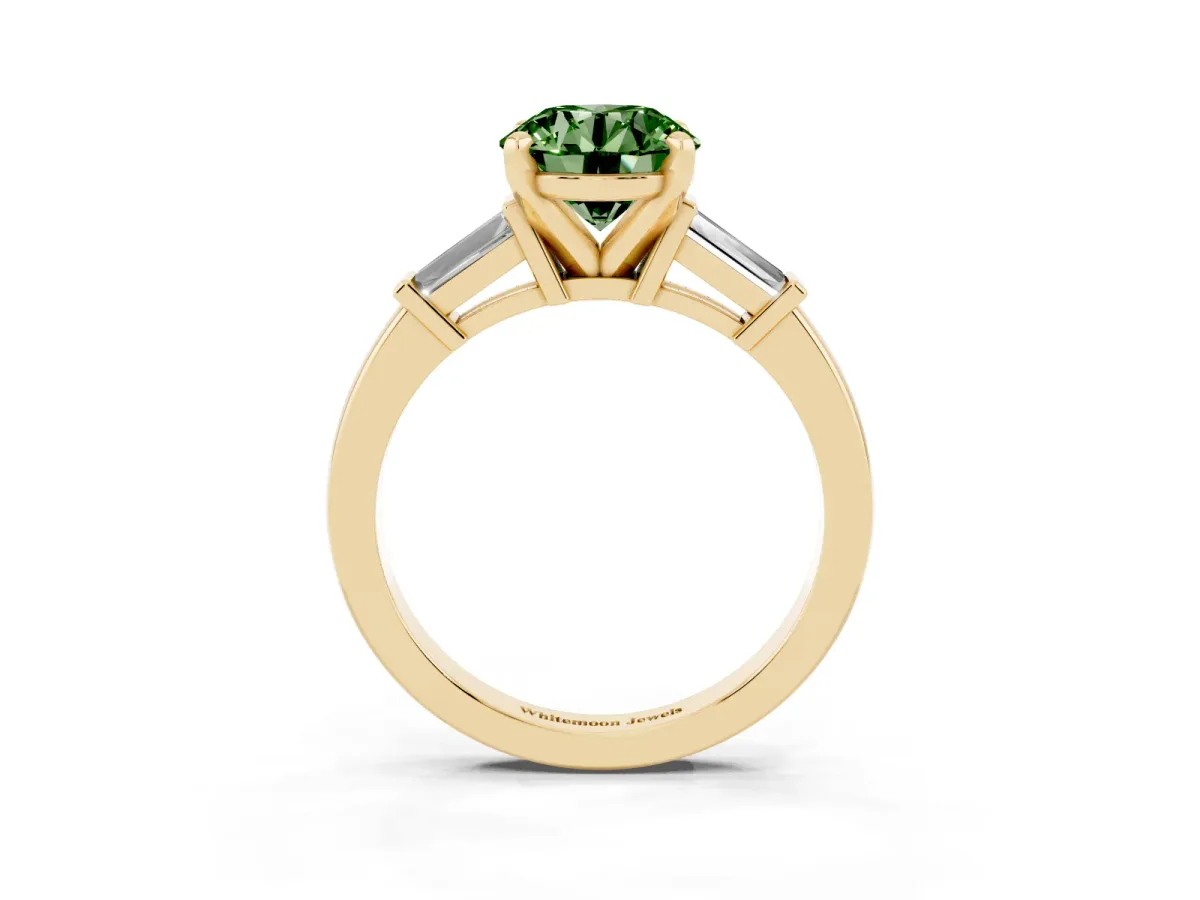 Fancy Green Round Cut Cut Diamond Solitaire Ring with Tapered Baguette Accents and Four-Prong Setting Yellow gold