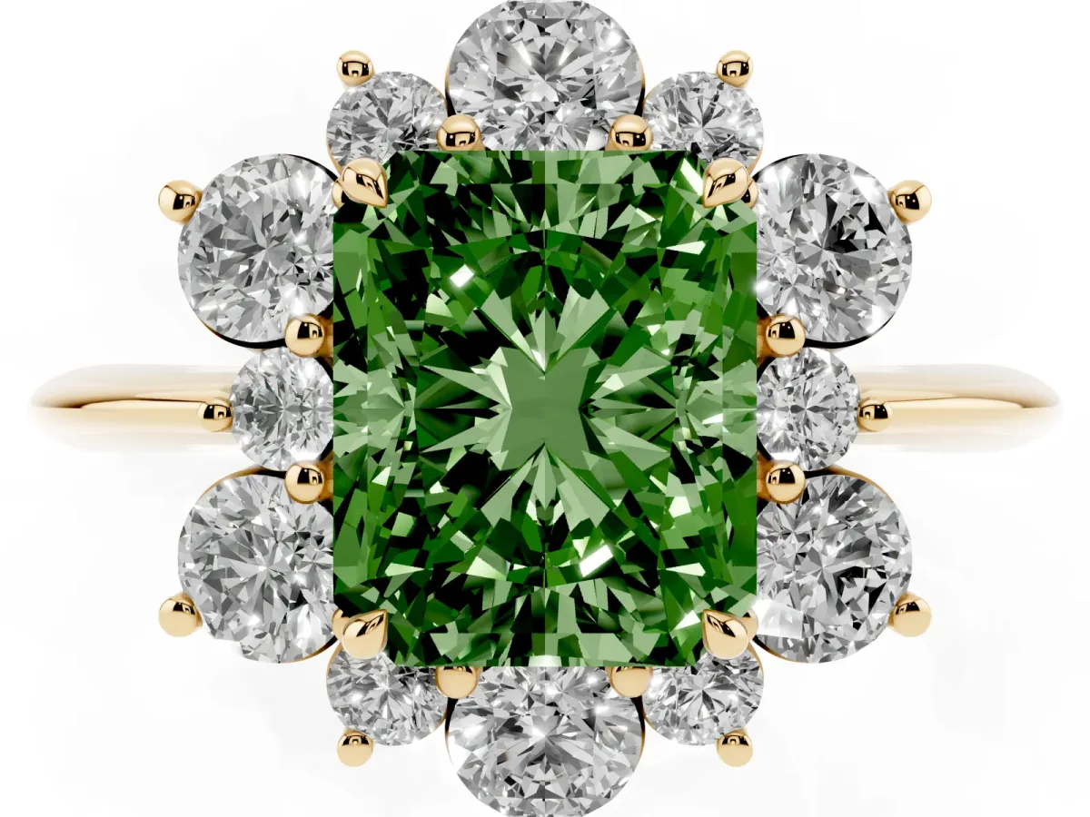 Fancy Green Radiant Cut Diamond Cluster Halo Ring with Solitaire Band and Four-Prong Setting Yellow gold