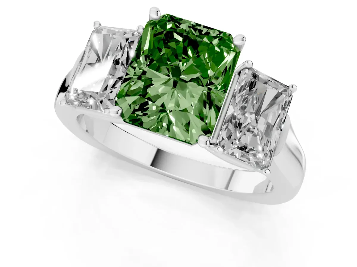 Fancy Green Three-Stone Radiant Cut Brilliant Diamond Trellis Ring with Comfort Fit Band Silver