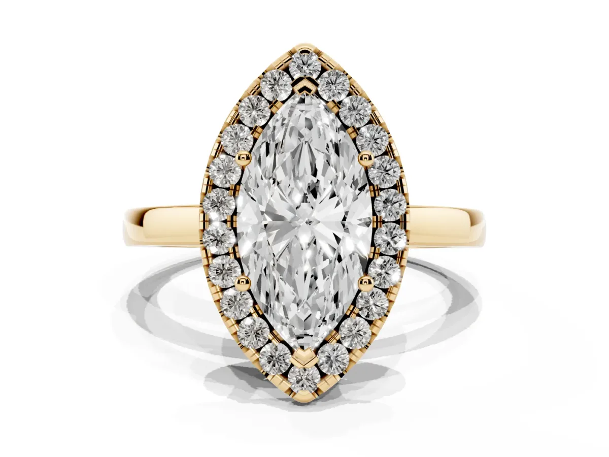 Marquise Cut Halo Diamond Solitaire with Pavé Band and Four-Prong Setting Yellow gold