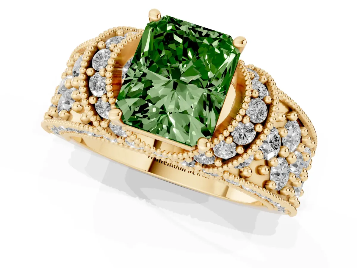 Fancy Green Radiant Cut Halo Pave Diamond Engagement Ring with Milgrain Detailing Yellow gold
