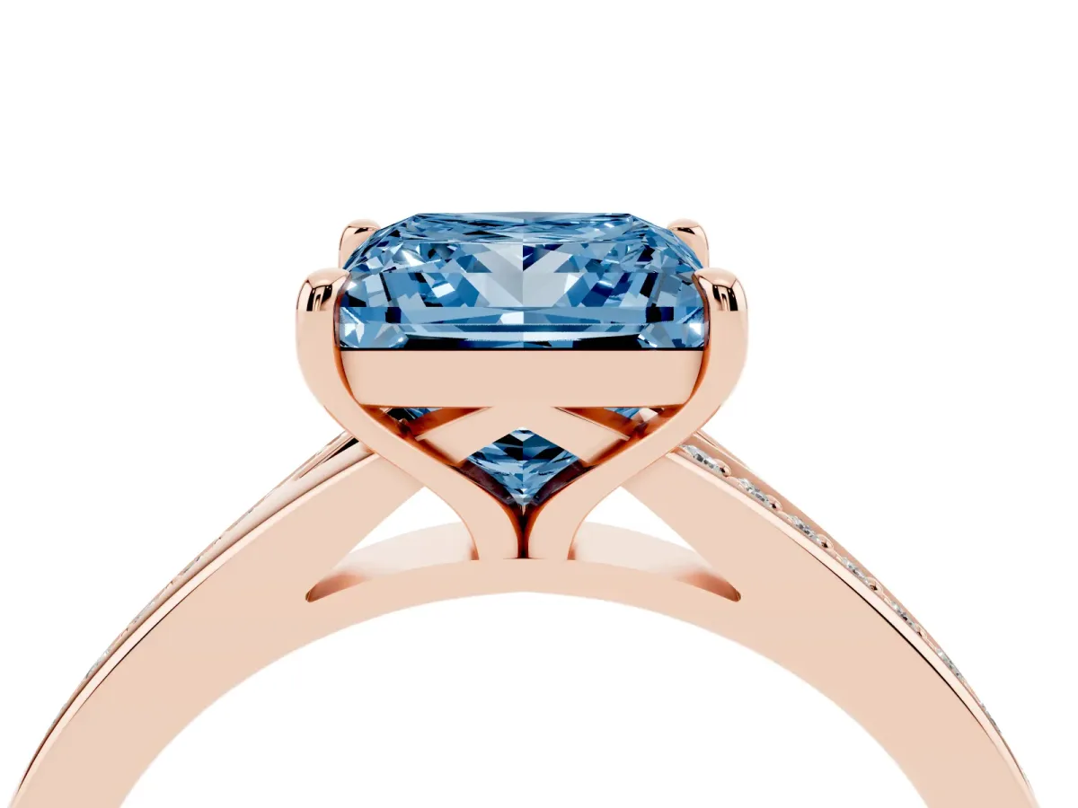 Fancy Blue Princess Cut Diamond Solitaire Ring with Pavé Band and Prong Setting Rose gold