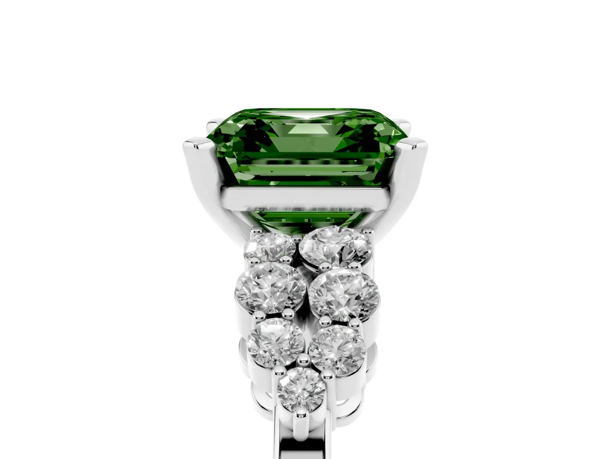 Fancy Green Asscher Cut Cluster Diamond Engagement Ring with Pavé Band and Four-Prong Setting Platinum