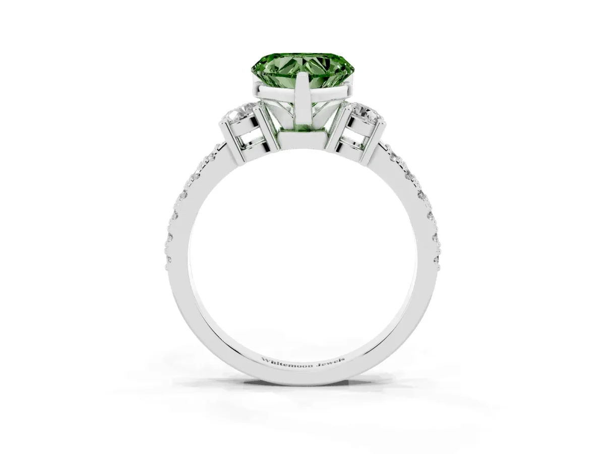 Fancy Green Heart Cut Three-Stone Diamond Pavé Band with Prong Setting Platinum