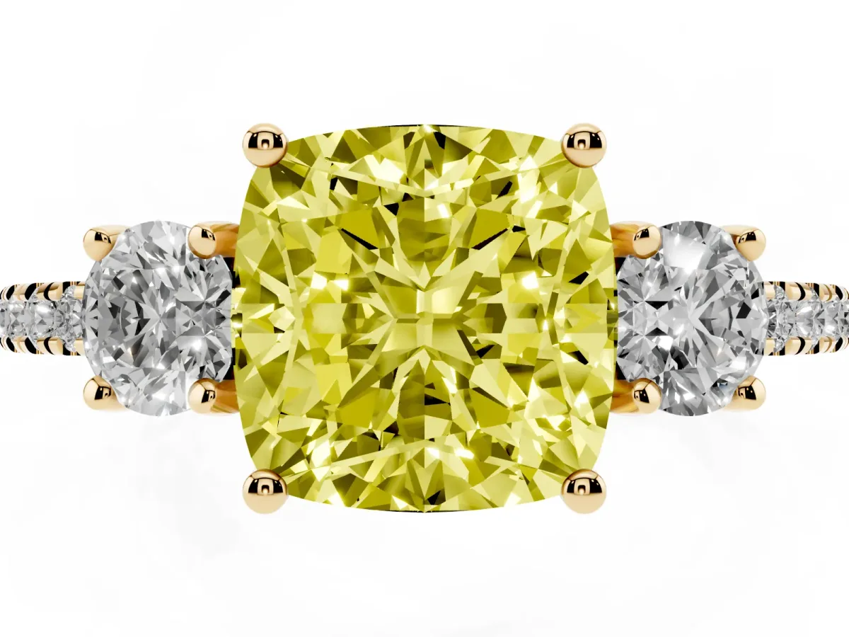 Fancy Yellow Three-Stone Cushion Cut Cut Diamond Pavé Band with Prong Setting Yellow gold