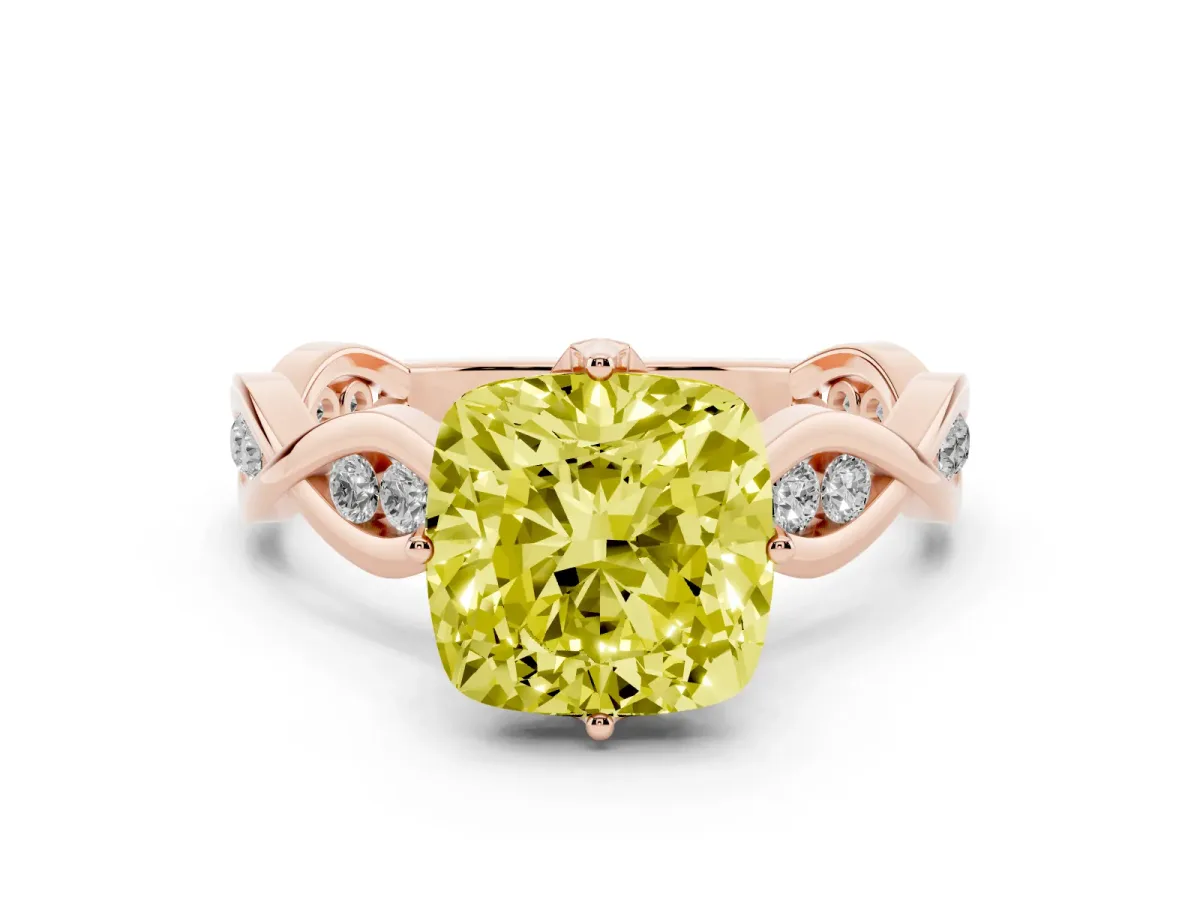 Fancy Yellow Cushion Cut Solitaire Twist Band with Leaf Prong Setting Rose gold