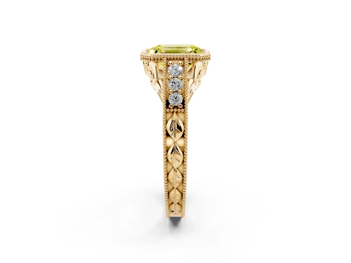 Fancy Yellow Bezel Set Emerald Cut Diamond Milgrain Pave Engagement Ring Yellow gold