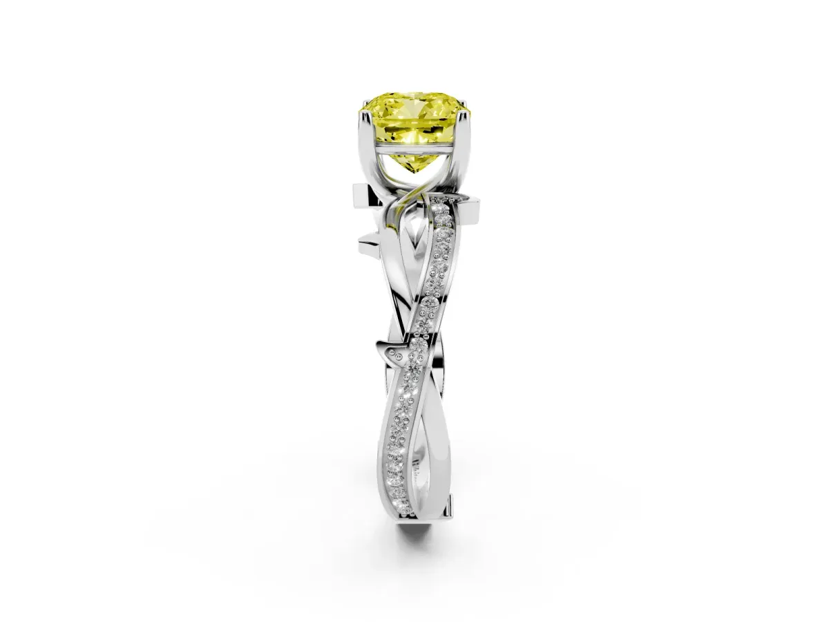 Fancy Yellow Cushion Cut Solitaire Twist Band with Pavé Accents and Four-Prong Setting Platinum