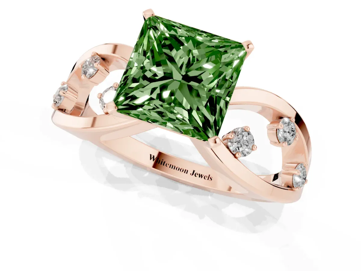 Fancy Green Princess Cut Cut Solitaire Diamond with Side Stones on Criss-Cross Band and Four-Prong Setting Rose gold