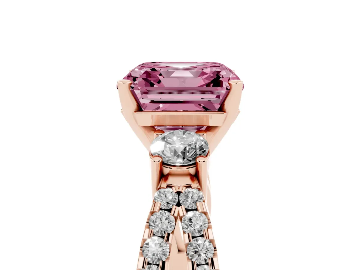 Fancy Pink Asscher Cut Diamond Three-Stone Ring with Pavé Split Shank and Four-Prong Setting Rose gold