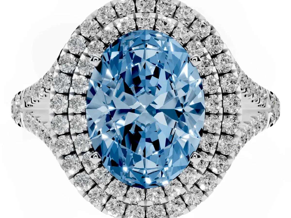 Fancy Blue Double Halo Oval Cut Diamond Split Shank Engagement Ring with Four-Prong Setting Silver