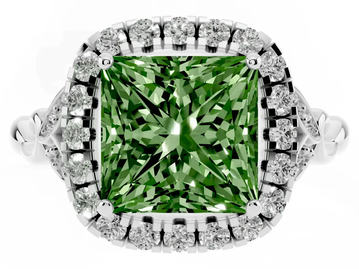 Fancy Green Princess Cut Halo Diamond Engagement Ring with Vintage-Inspired Band and Four-Prong Setting White gold