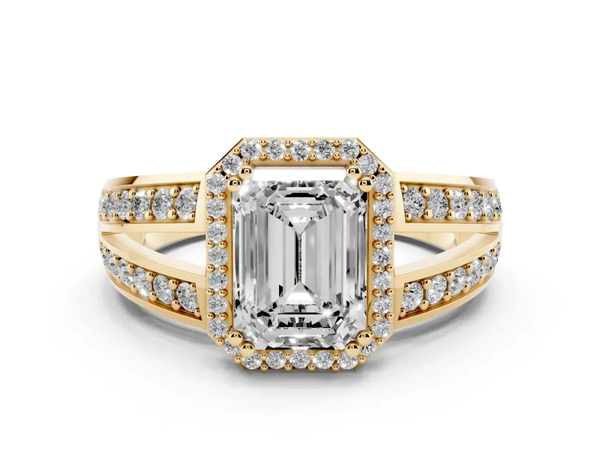 Emerald Cut Diamond Halo Ring with Split Shank Pavé Band and Four-Prong Setting Yellow gold