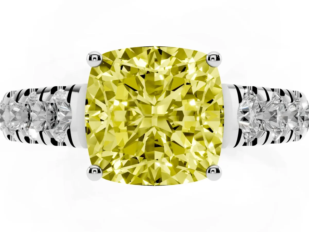 Fancy Yellow Cushion Cut Cut Diamond Solitaire Ring with Micro Pave Band and Prong Setting Silver