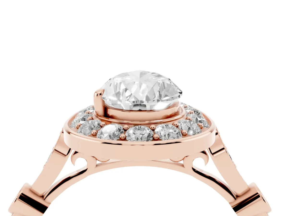 Pear Cut Halo Diamond Engagement Ring with Twisted Band and Four-Prong Setting Rose gold