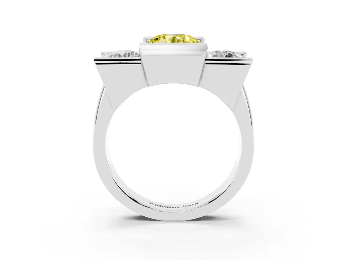 Fancy Yellow Three Stone Round Cut Cut Channel Set Diamond Ring Platinum
