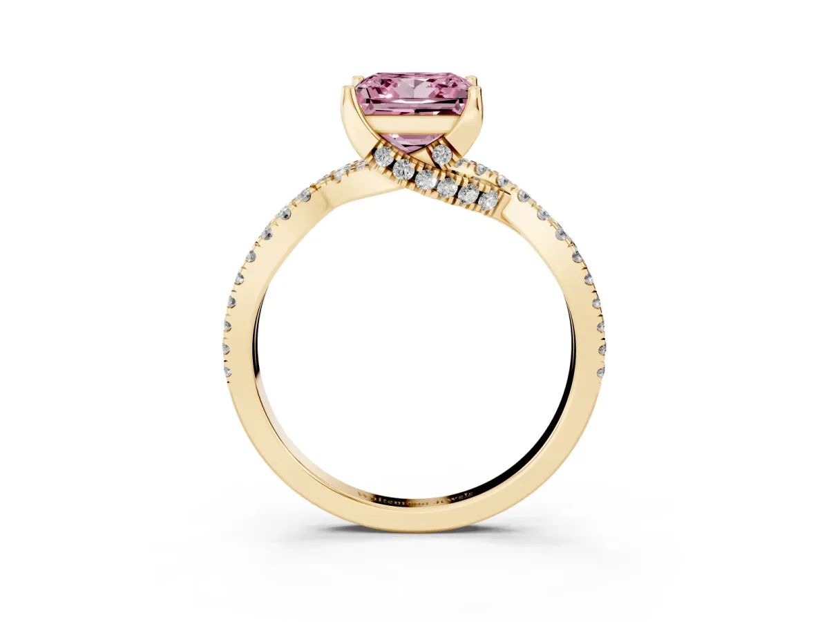 Fancy Pink Princess Cut Solitaire Twist Pave Diamond Engagement Ring with Prong Setting Yellow gold