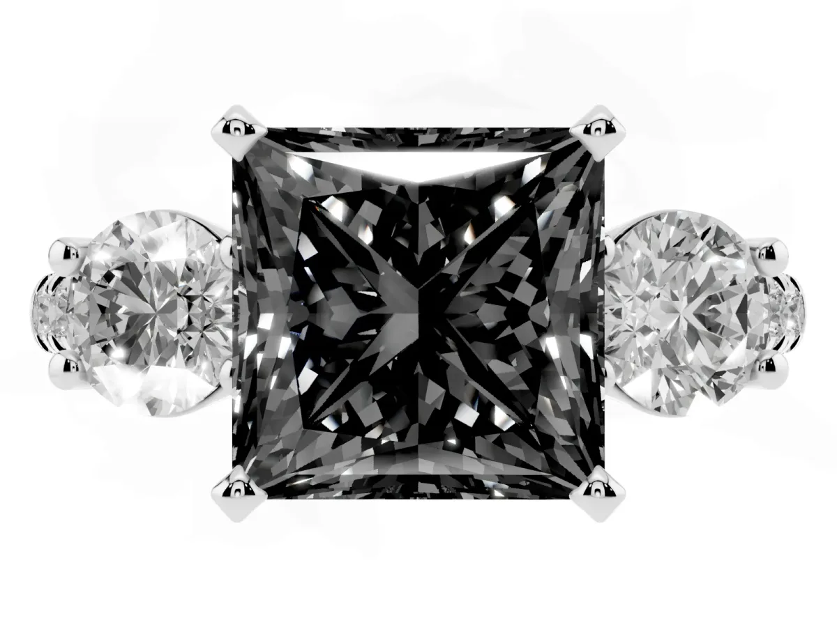 Fancy Black Three-Stone Princess Cut Diamond Pavé Band with Four-Prong Setting Silver