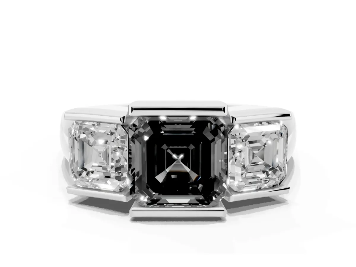 Fancy Black Three Stone Asscher Cut Cut Channel Set Diamond Ring Silver