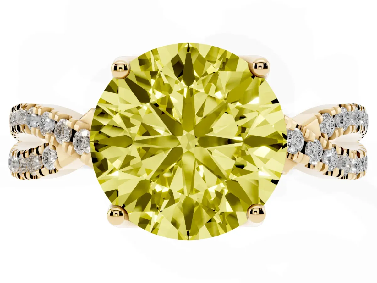 Fancy Yellow Round Cut Solitaire Twist Pave Diamond Engagement Ring with Prong Setting Yellow gold