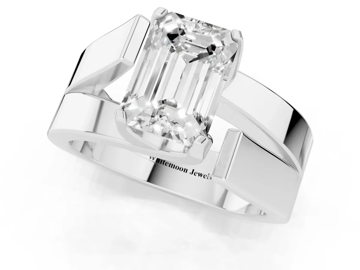 Modern Tension Set Emerald Cut Diamond Solitaire Wide Band Ring Silver