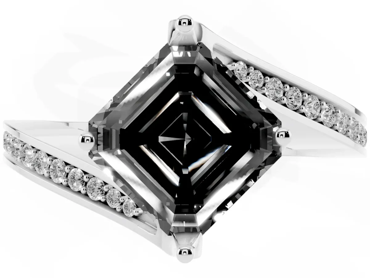 Fancy Black Asscher Cut Solitaire Diamond Twist Band with Pavé Setting and Four-Prong Setting Silver