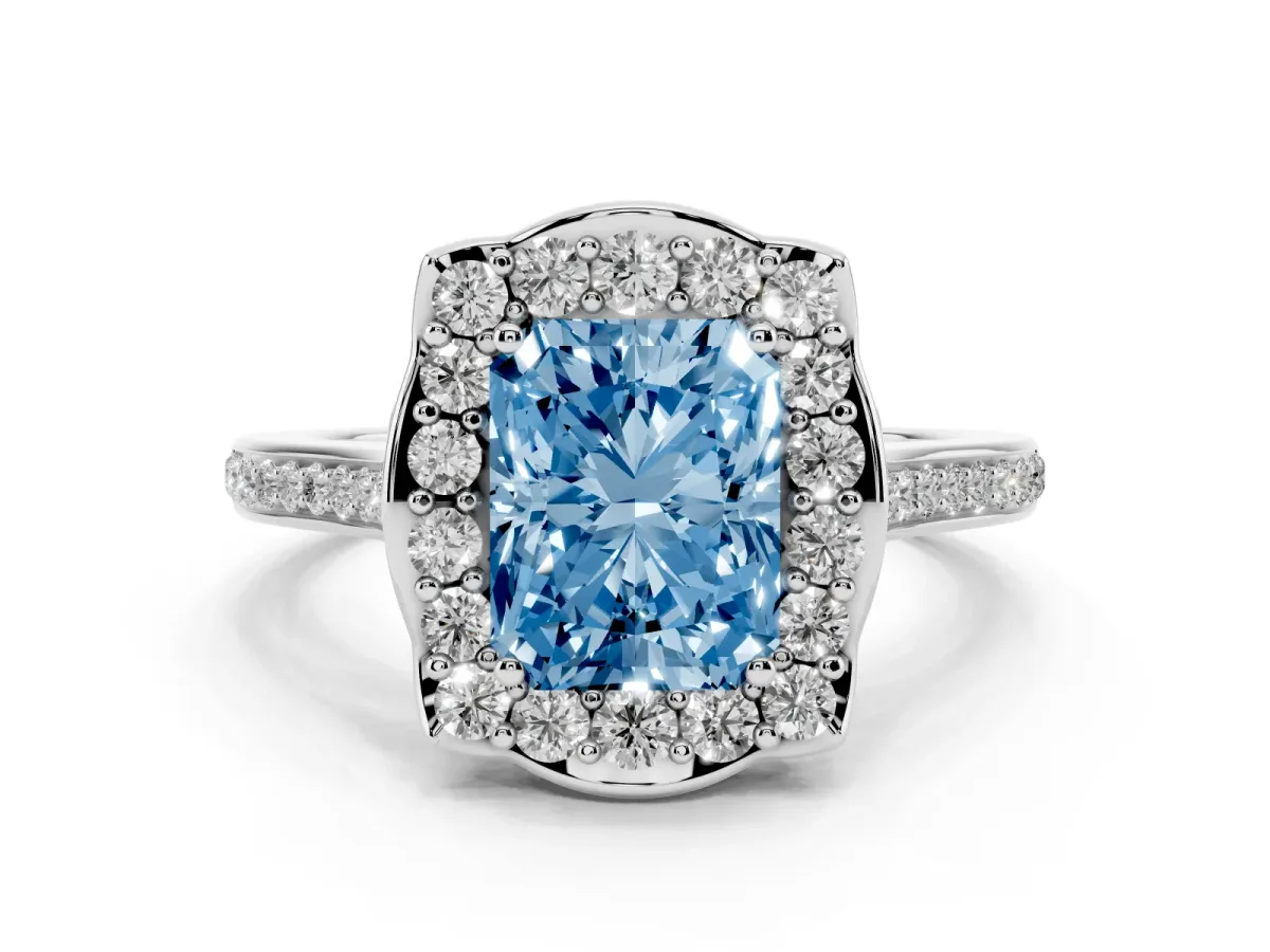 Fancy Blue Radiant Cut Halo Round Diamond Pave Band with Four-Prong Setting White gold