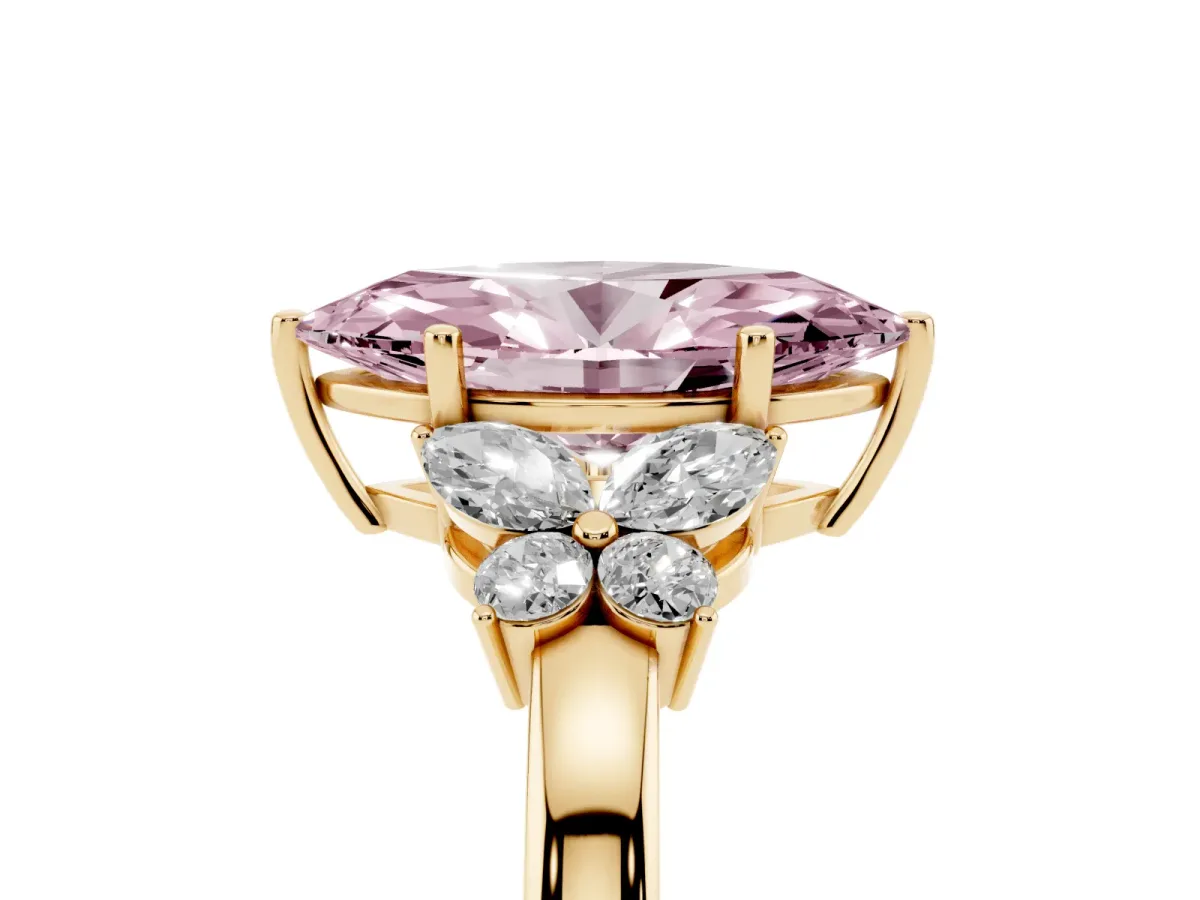 Fancy Pink Marquise Cut Cut Solitaire Floral Diamond Ring with Four-Prong Setting Yellow gold